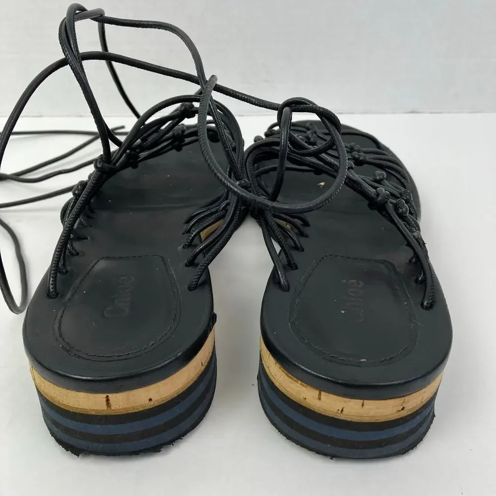 Chloé Jamie Knot Lace-up Gladiator Ankle Wrap Sandals Black Leather Platform